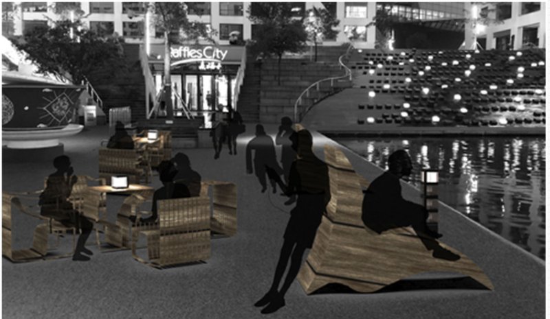 Waterfront edges are reanimated with seating and lighting that invite spontaneous social interactions.