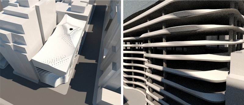 Physical model showing the undulating rooftop and curved balcony details of the layered tower structure