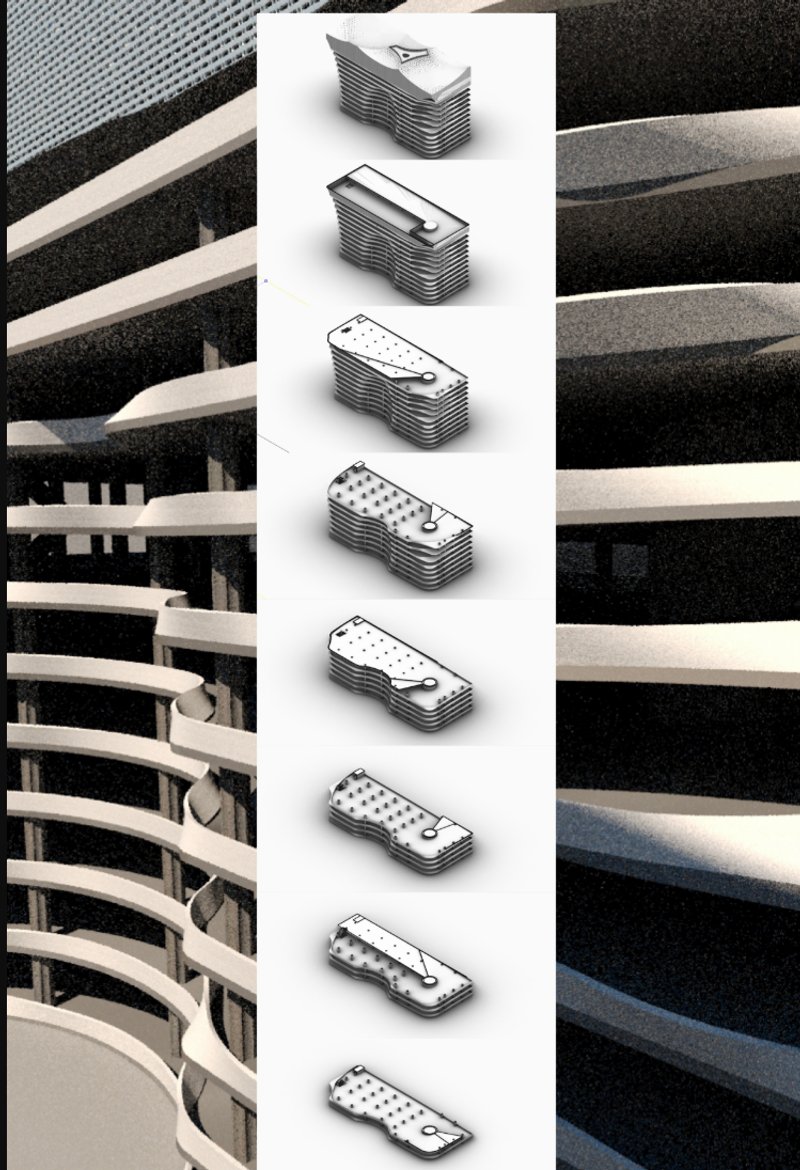 Axonometric drawing showing eight stacked floor plates with varying rooftop pool and garden layouts
