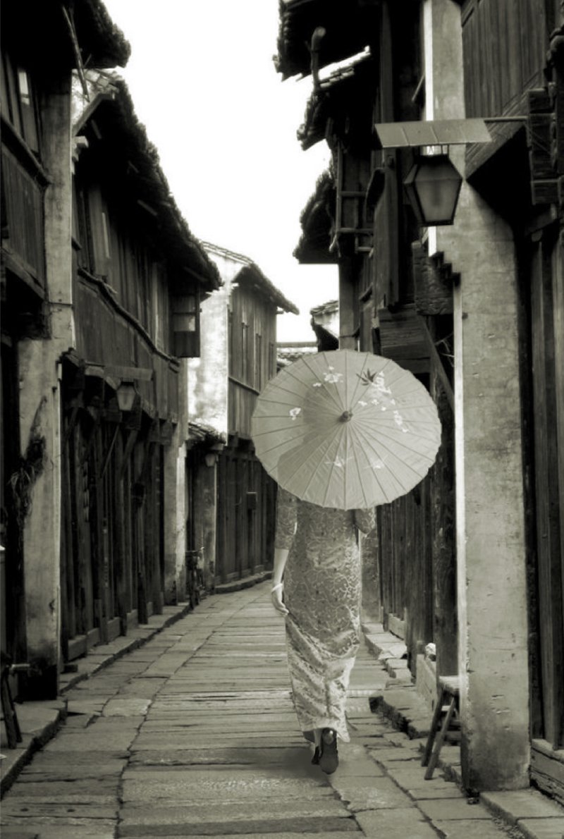 A traditional oil-paper umbrella in historic Chinese streets, inspiring the modular canopy design.