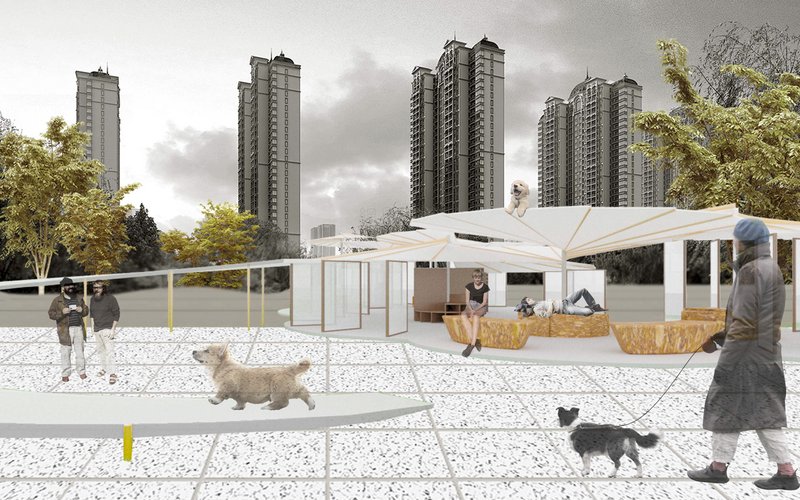 A pet-friendly, shaded public zone supports rest, play, and socialization beneath a soft urban canopy.