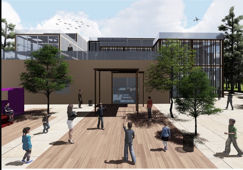 The school’s primary entry opens onto a public plaza, blending landscape and built space for interaction and community.