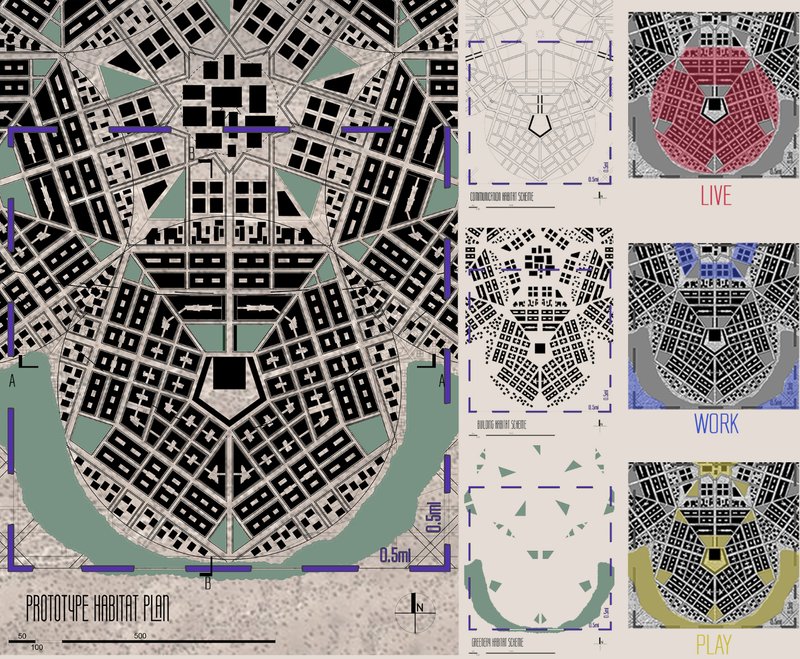 Live, work, and play zones arranged in a radial pattern demonstrate the project's integrated and scalable planning model.