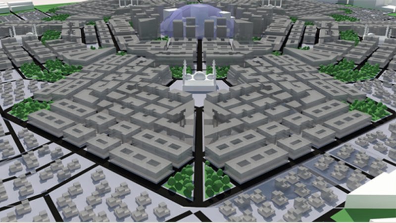 View of the central mosque anchoring the urban fabric, surrounded by mid-rise housing, green buffers, and community infrastructure.