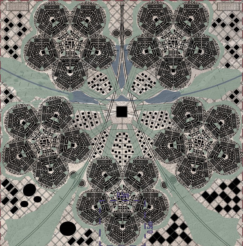 Floral and modular urban design forms the core layout of Oasyleum, integrating nature-inspired geometry for climate resilience.