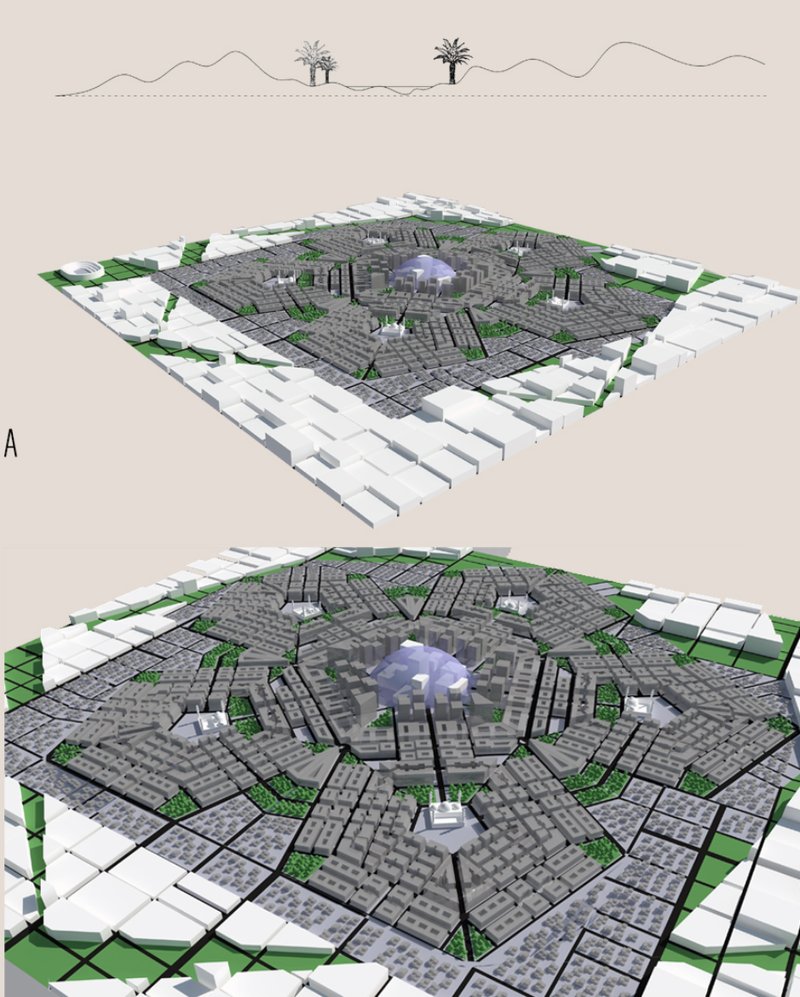 Aerial visualizations of the central district show mosque-centered urban clustering, layered with housing and communal spaces.