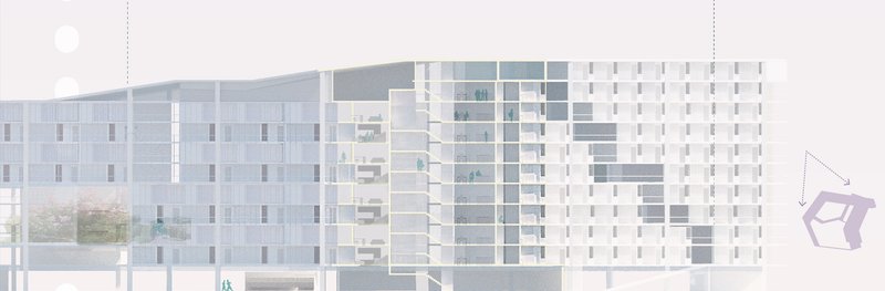 Detailed cross-section showing interconnected living, working, and ecological functions in a high-density urban block.