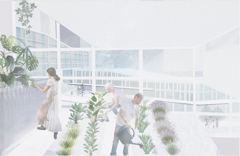 Residents tend to plants in a greenhouse integrated within the architectural envelope, promoting sustainability and wellbeing.