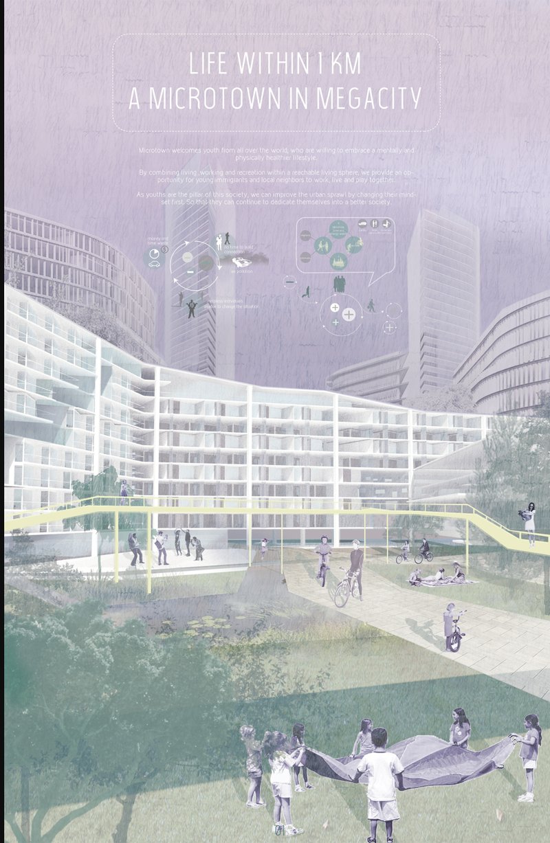 Vibrant communal space where youth engage in outdoor activities surrounded by mixed-use residential blocks.