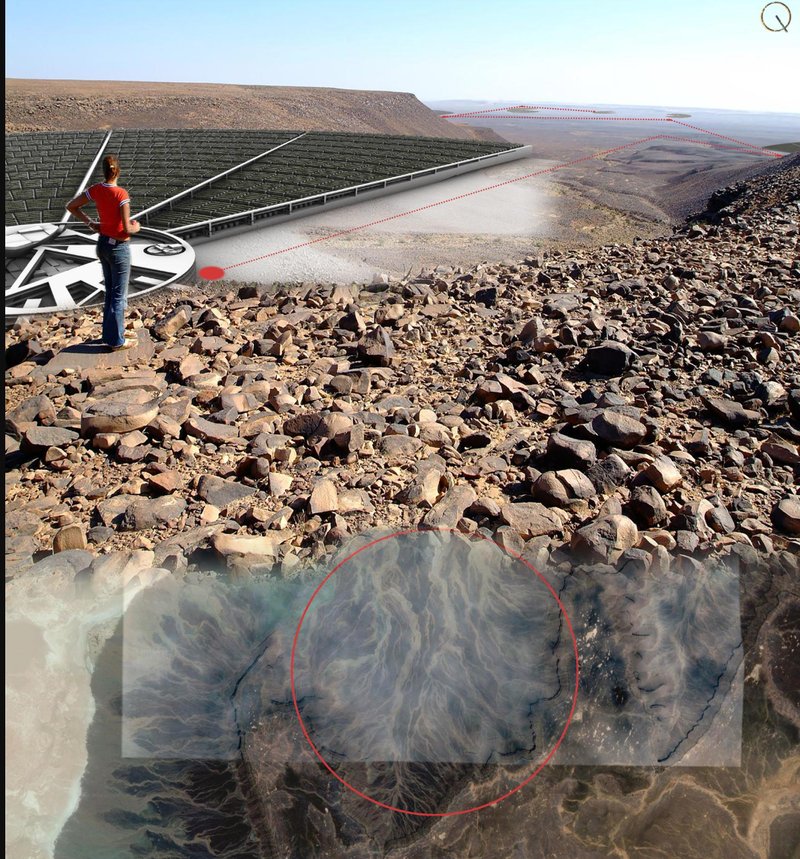Visualizing the future: A citizen overlooks the proposed desert city integrated with the terrain and radial planning logic.