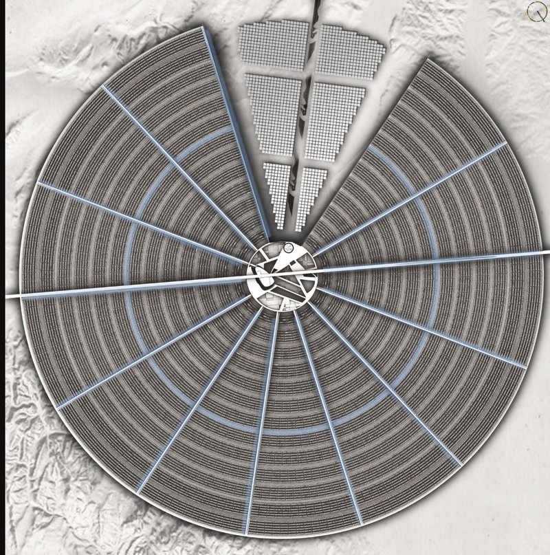 Aerial masterplan showing the concentric urban structure, optimizing zoning, mobility, and density within a circular framework.