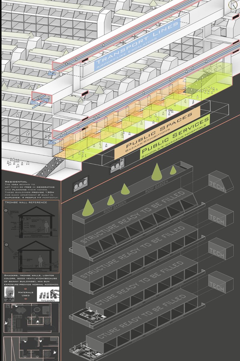Multi-layered section revealing public transport, housing modules, and service integration for self-sufficient urban living.