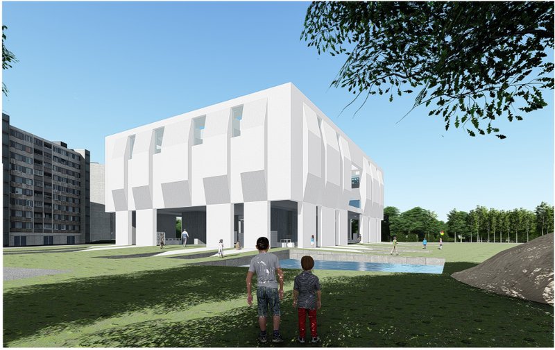 A civic school nestled in a green urban landscape, promoting openness and inclusivity through minimalist architecture.