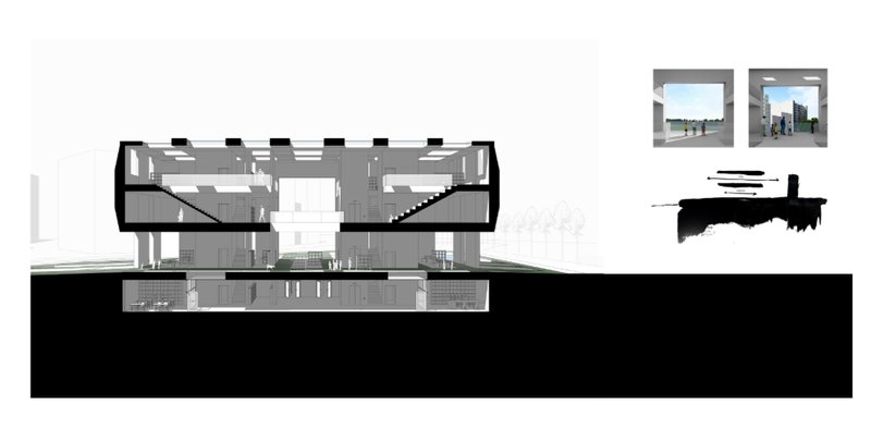 A cross-sectional view highlighting the vertical layering of public and private learning spaces across all levels.