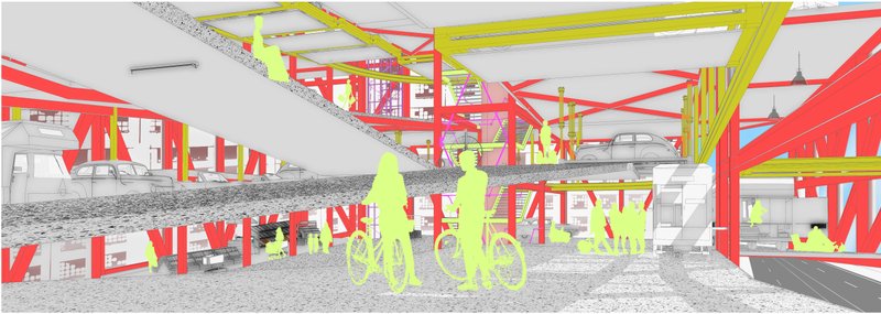 An active ground floor reimagines parking as a communal hub, blending pedestrians, cyclists, and parked vehicles within a dynamic frame.