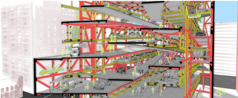 A layered sectional view reveals the multifunctional framework—showcasing parking, social zones, circulation, and modular platforms.
