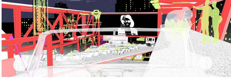Visitors interact, watch films, and relax in cars or on foot in this animated urban retrofit of a rooftop parking level.