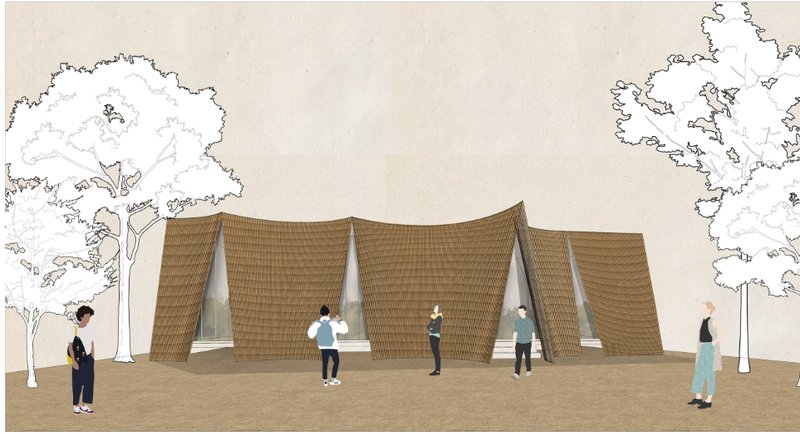 Rendering of interior gallery corridor with slatted timber wall and textured ochre stone surface opposite