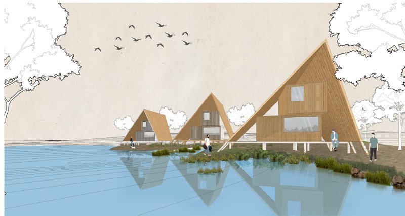 Rendering of three triangular timber pavilions on stilts beside a calm body of water with birds overhead
