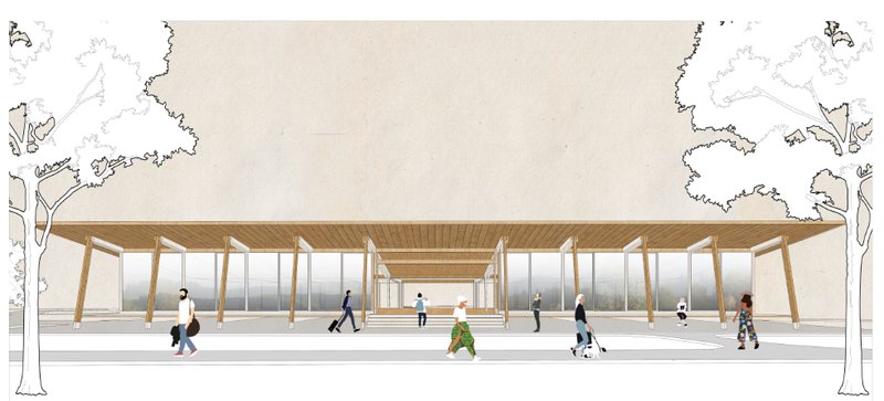 Elevation rendering of a covered platform with timber columns and sloped roof sheltering pedestrians