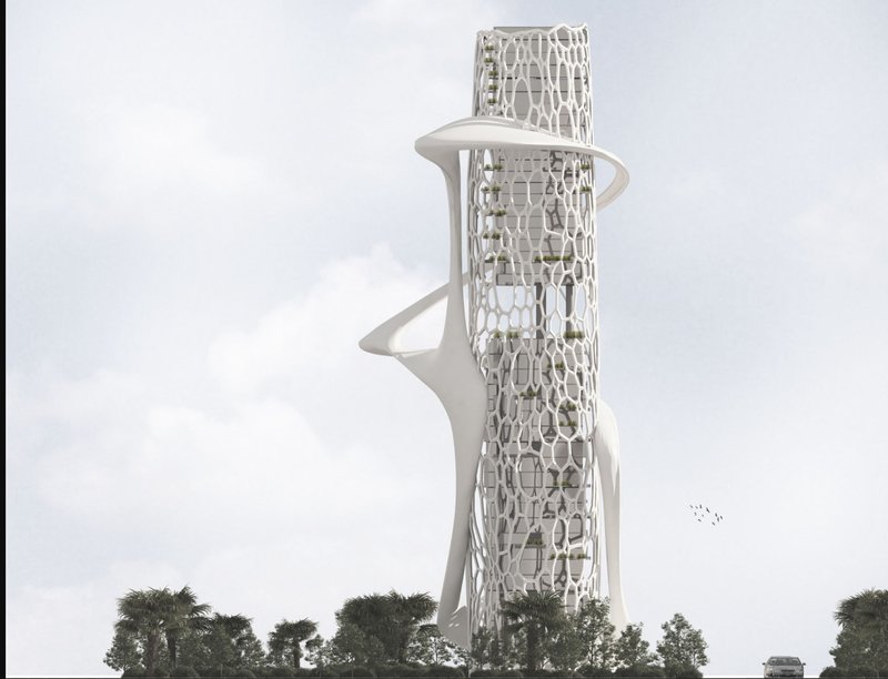 &nbsp;Full frontal elevation of the tower highlighting its honeycomb-inspired exoskeleton and spiraling ribbon form.