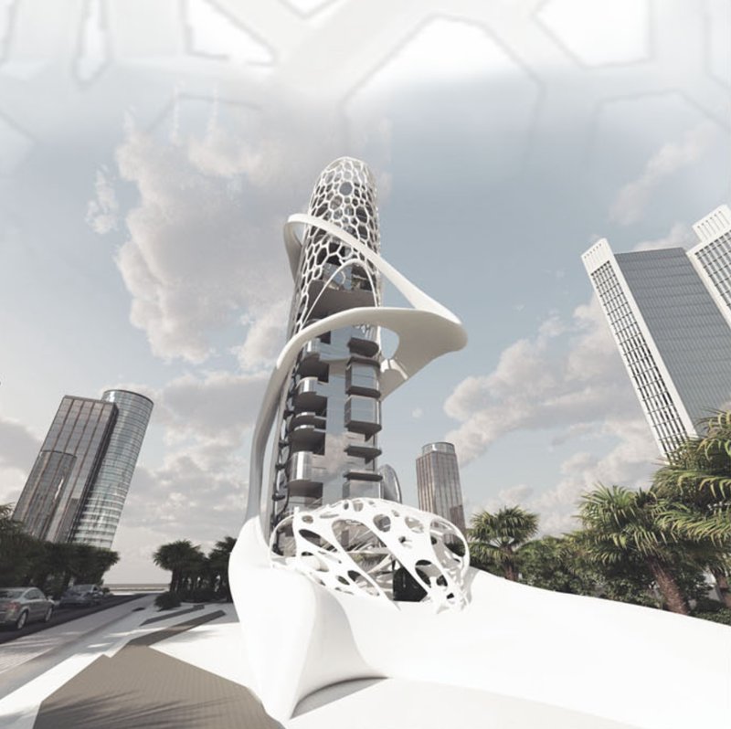 A dramatic exterior view of the Hybrid Tower showcasing its sculptural shell and biophilic integration within a futuristic cityscape.