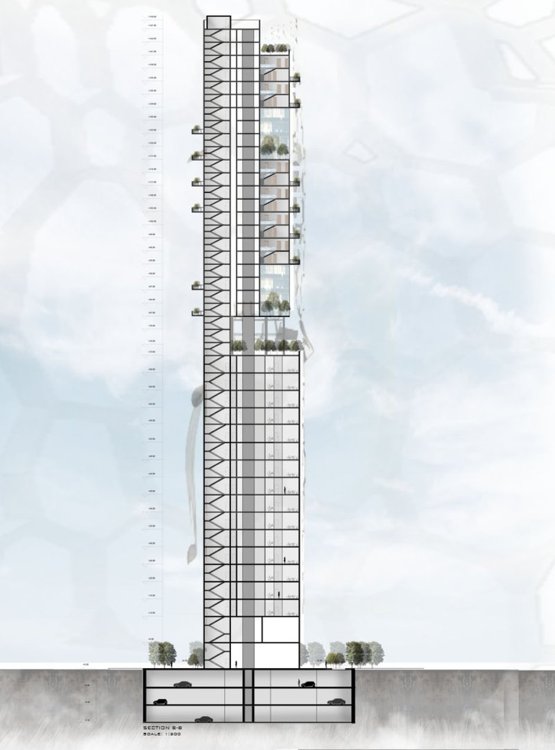 Vertical cross-section revealing the spatial organization of office, residential, and flying transit zones integrated within the tower.