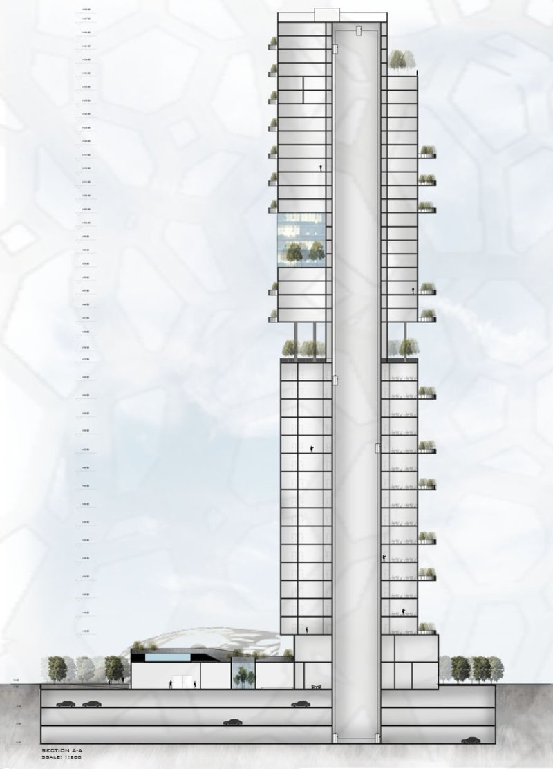 Sectional drawing emphasizing structural core, terrace layering, and the integration of greenery at multiple vertical levels.