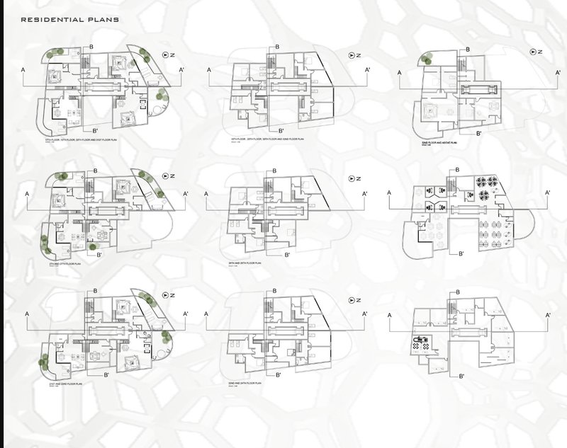 A series of duplex apartment layouts showcasing integrated greenery, shared cores, and optimized vertical zoning for modern living.