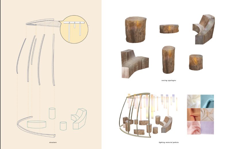 Design breakdown: modular wood seating and reactive light canopy.