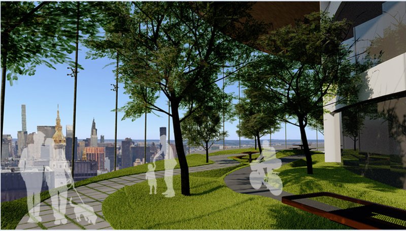 Green communal zones suspended high above the city foster social interaction and connection with nature.