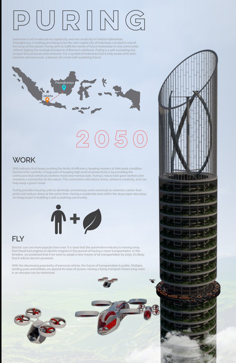 Visualizing the self-sustaining bamboo-inspired skyscraper rooted in Kalimantan’s ecological and cultural context.