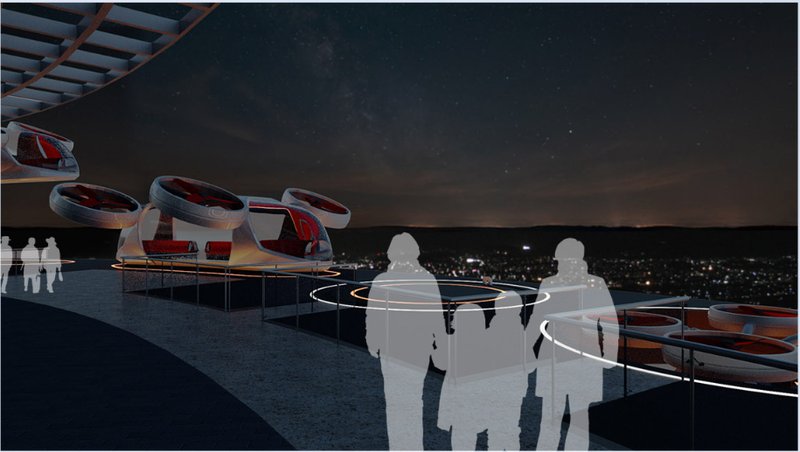 Night view of Puring’s aerial terminal showcasing seamless VTOL access and future-forward mobility integration.