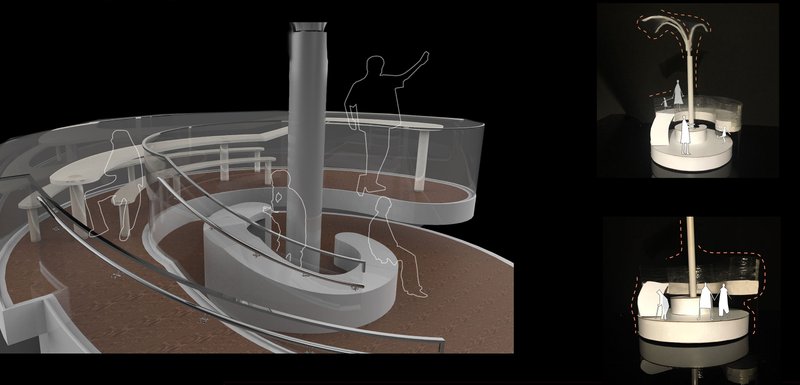 Spiral walkways and seating zones promote accessibility and social engagement across levels.