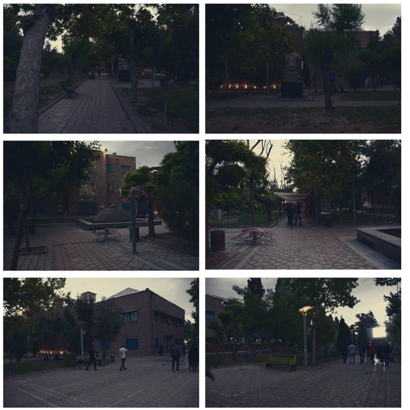 Series of six views showing the public square with brick buildings and pedestrians at twilight