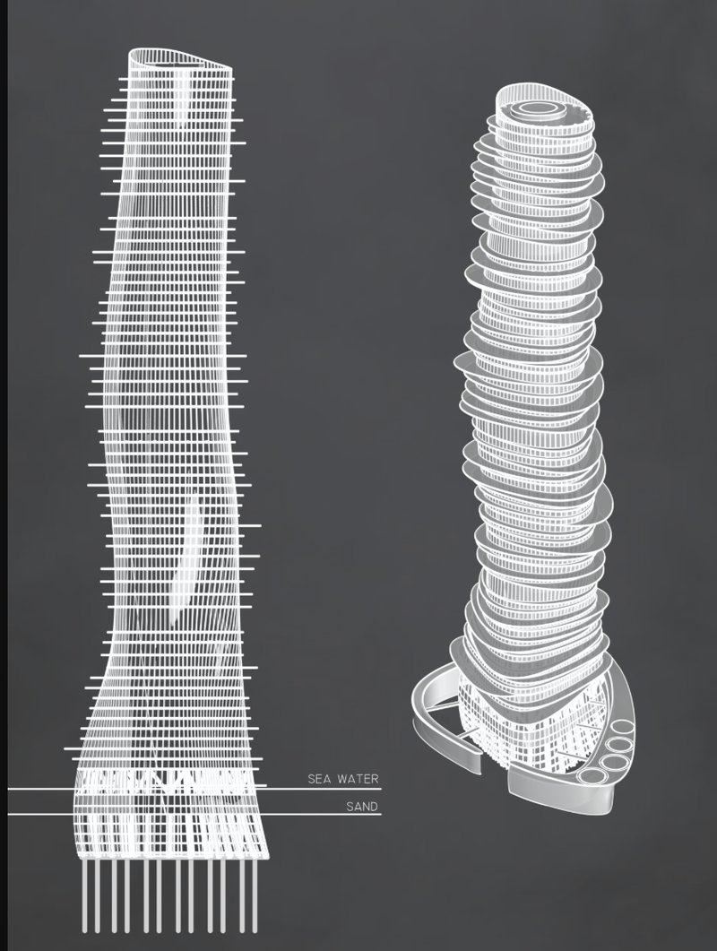 Form development showcasing the skeletal and massing transformation of the tower from concept to function.