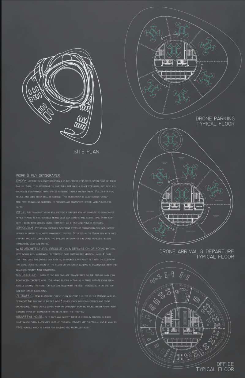 Site plan and typical floor layouts reveal integrated drone terminals, office space, and traffic management systems.