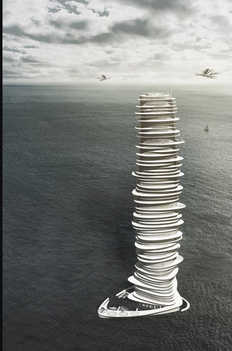 A futuristic skyscraper rises from the ocean, with dynamic rotating floors designed for drone commuting.