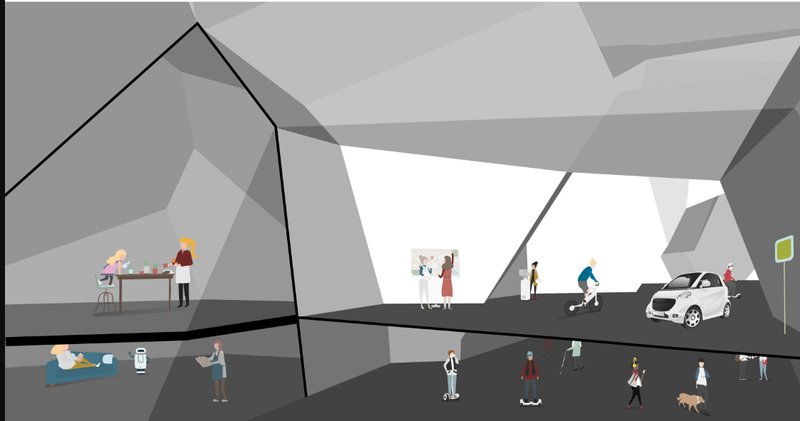 Multi-level interior zones support leisure, learning, commerce, and interaction within sculptural, climate-controlled enclosures.