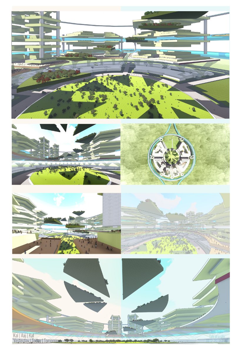 A view of the central green plaza framed by multi-layered vertical structures with integrated ecological terraces.