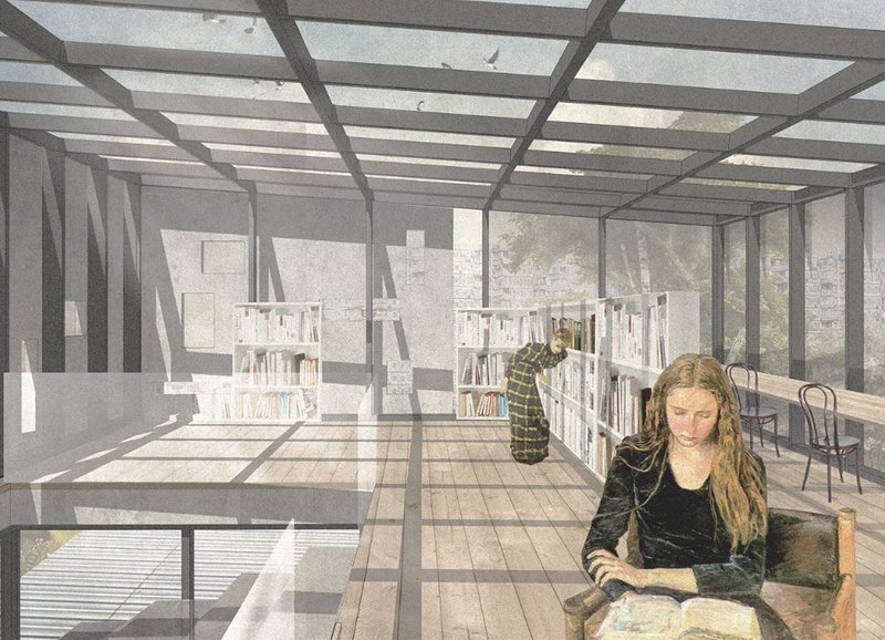 A suspended reading room floats above old garages, offering a serene escape into knowledge and light.