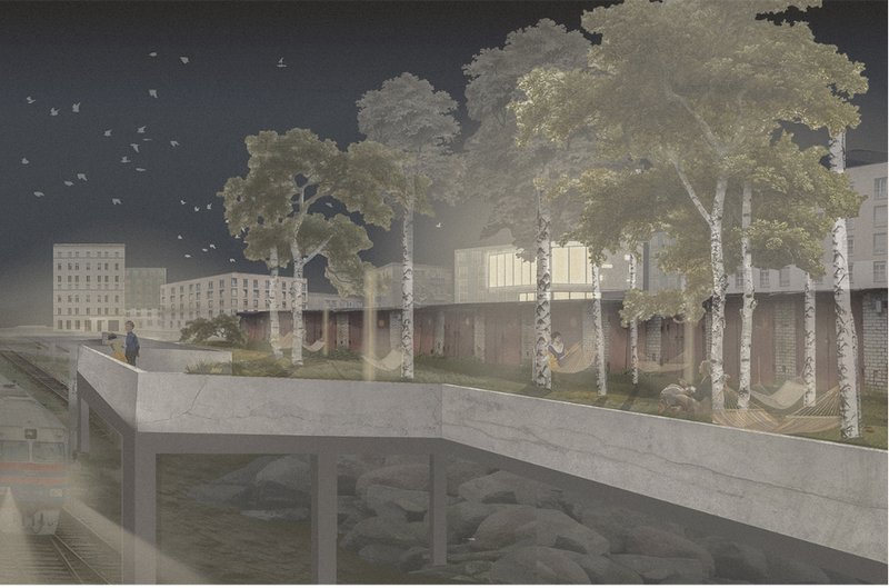 Overlooking the railway, the site transforms into a peaceful biophilic zone of reflection and rest.