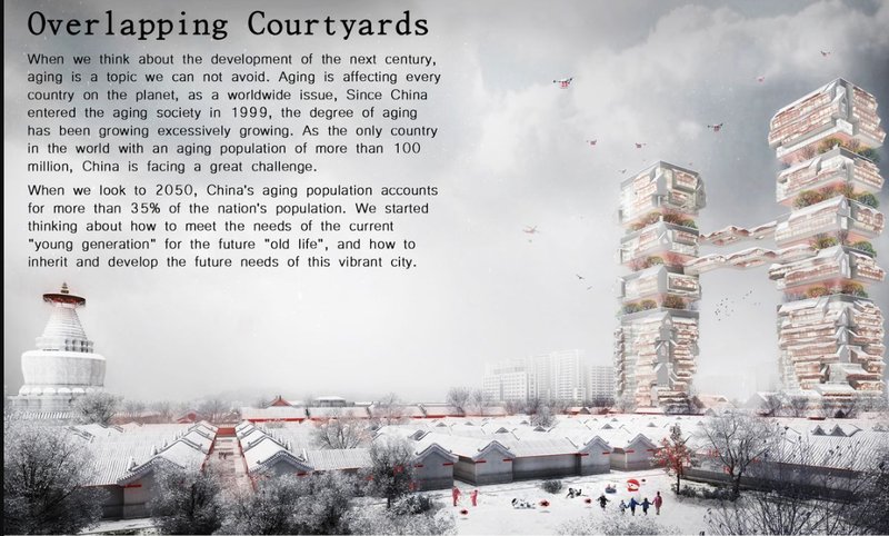 Futuristic senior living towers rise from historic Beijing hutongs, integrating tradition with vertical urban design.