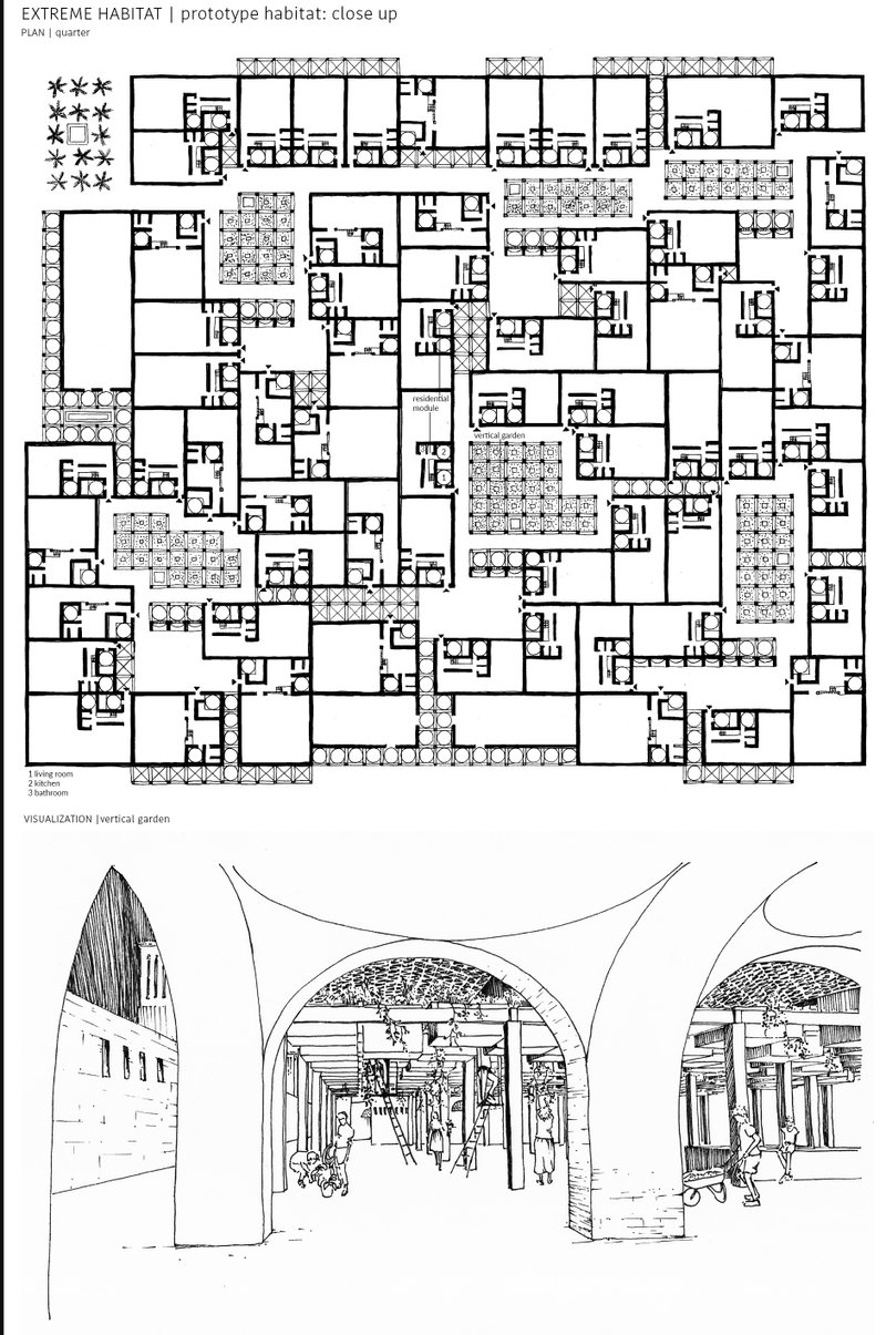 Detailed residential layout showcasing modular living units and communal green infrastructure like vertical gardens.