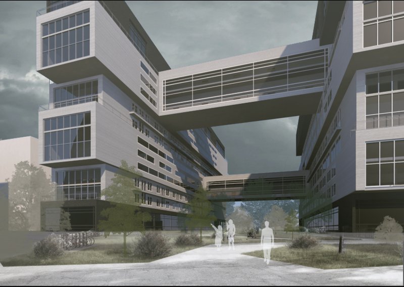 A bold entry plaza framed by modular blocks and skybridges defines the communal identity of the co-housing project.