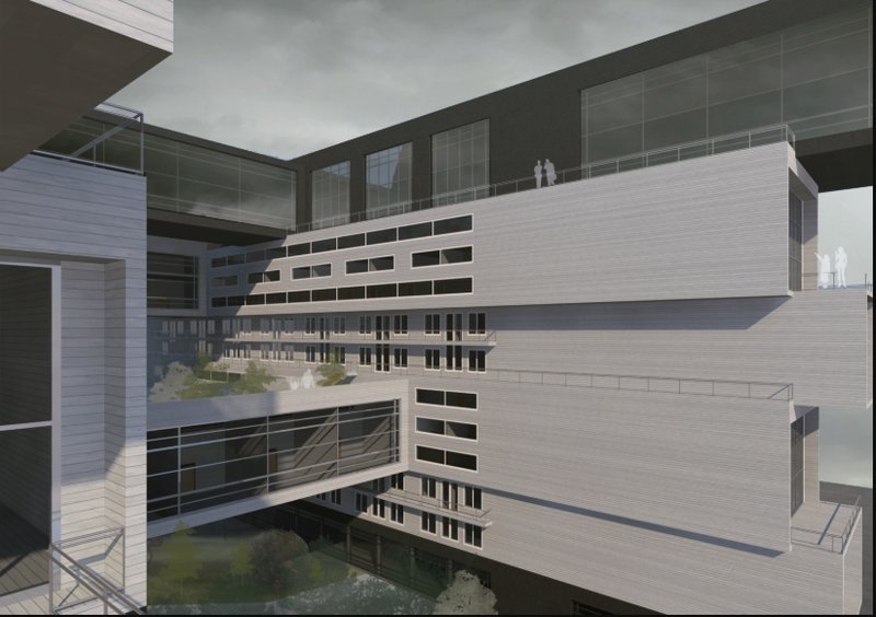 Layered residential volumes reveal a shared green courtyard—an elevated oasis in the heart of the structure.