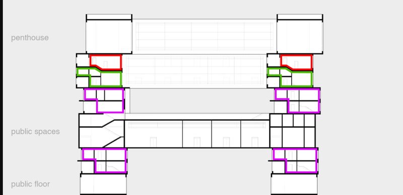 Programmatic zoning divides the structure into public floors, communal spaces, and compact living units for optimized cohabitation.