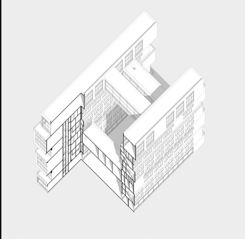 A detailed cutaway reveals the interlocking units and shared circulation zones forming the backbone of the co-living system.