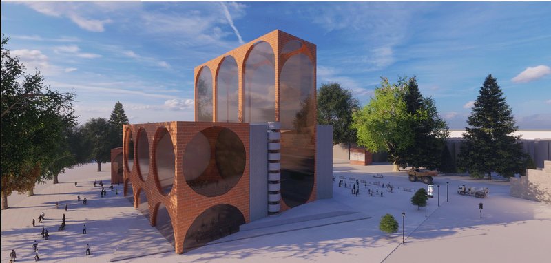 The western side frames a public gathering area, reinforcing the building's communal and dialogic role in the urban fabric.