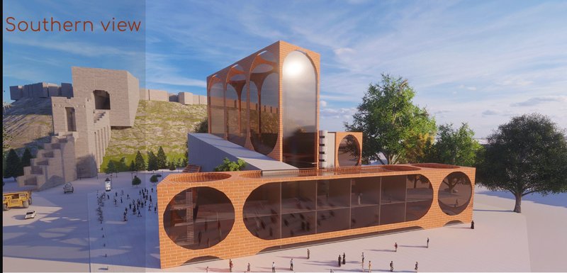 Sunlit southern facade reveals the building's openness and accessibility, blending modern geometry with Aleppine brickwork.